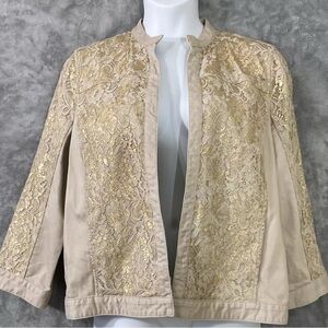 NWT Chicos Platnium Tan Khaki Gold Metallic Lace Open Demin Jacket Size 3 16/18